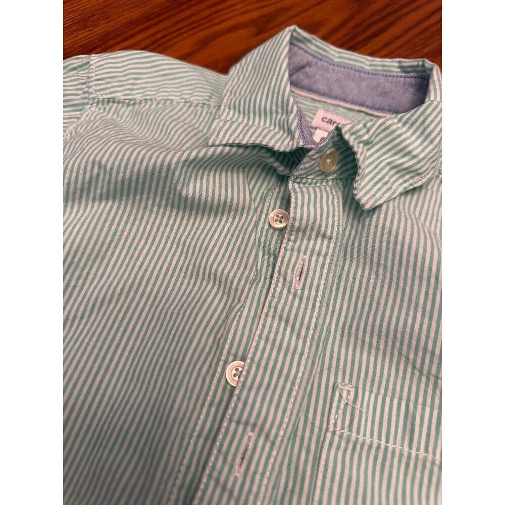 Carter's Green and White Vertical Striped Collared Button down dress shirt
